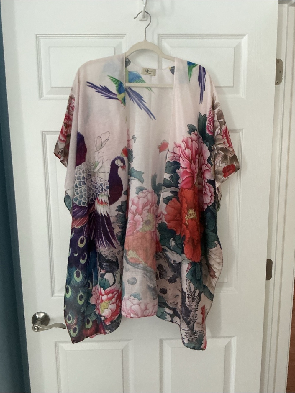 Peacock & Floral Open-Front Kimono - Pink Multicolor